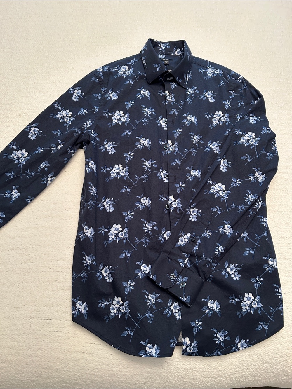 Express Men's Navy Floral Button-Down Shirt with Light Blue Accents